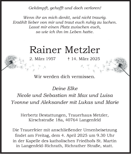Traueranzeige von Rainer Metzler von Tageszeitung