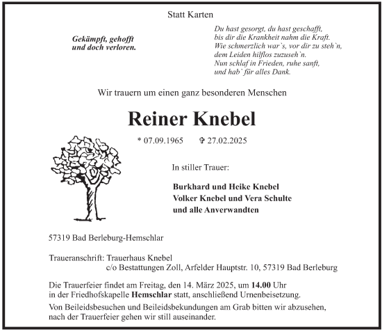 Traueranzeige von Reiner Knebel von Tageszeitung