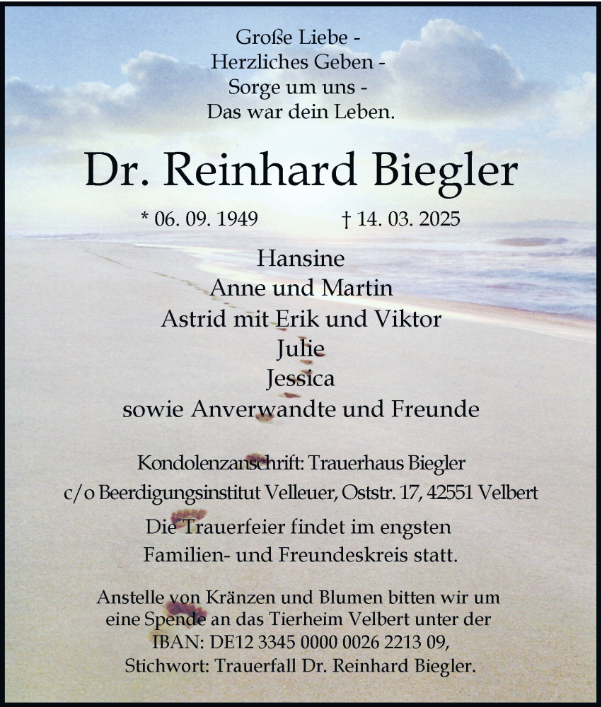  Traueranzeige für Reinhard Biegler vom 29.03.2025 aus Tageszeitung