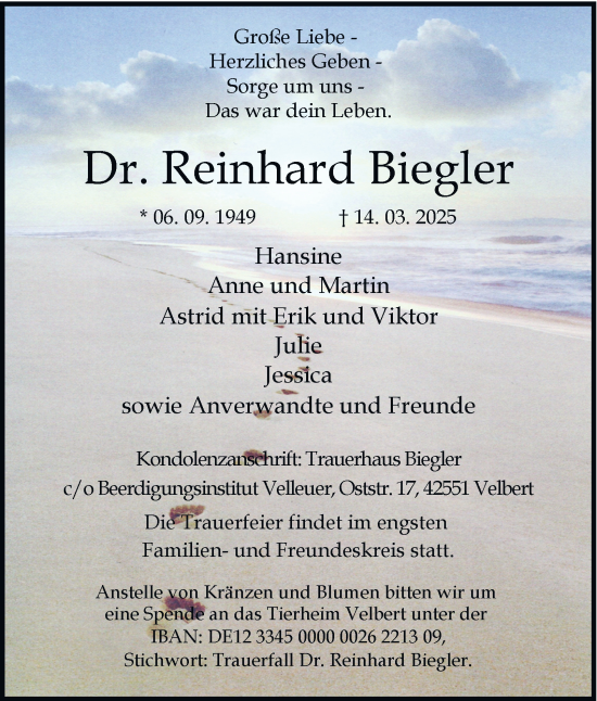 Traueranzeige von Reinhard Biegler von Tageszeitung