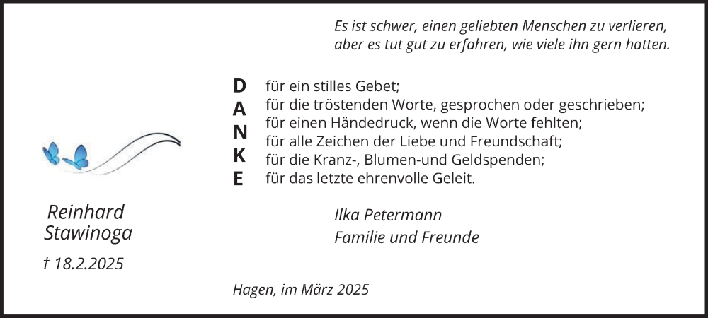 Traueranzeige für Reinhard Stawinoga vom 15.03.2025 aus Tageszeitung
