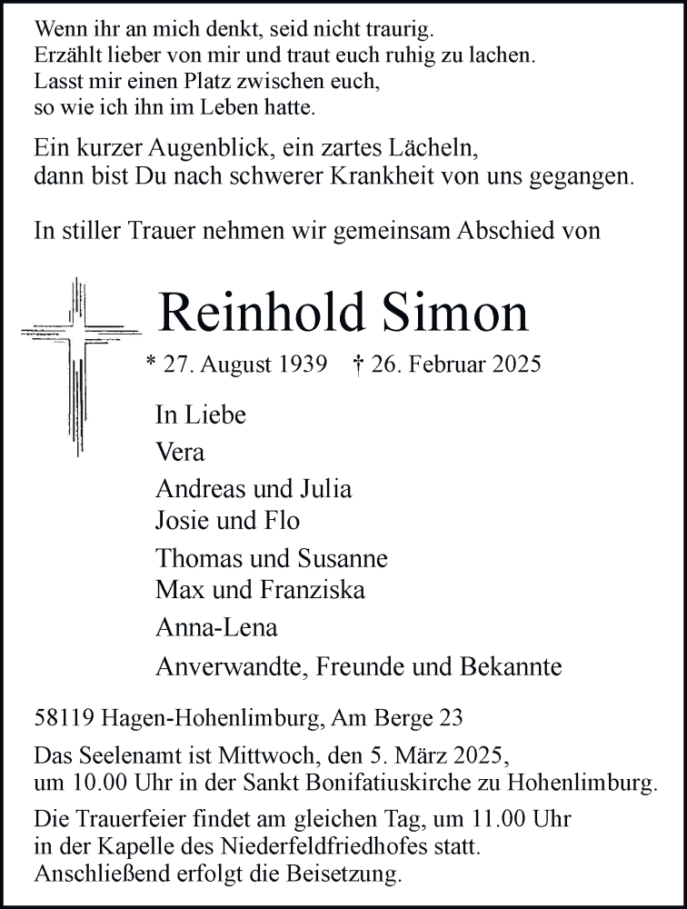  Traueranzeige für Reinhold Simon vom 01.03.2025 aus Tageszeitung