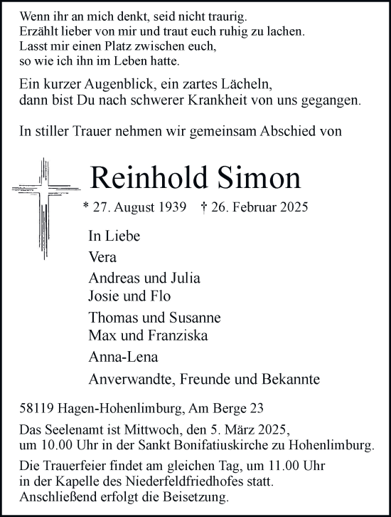 Traueranzeige von Reinhold Simon von Tageszeitung