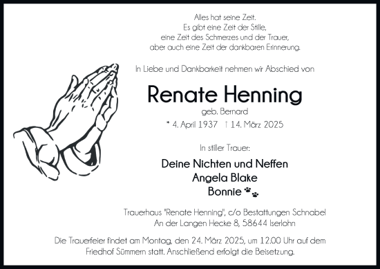 Traueranzeige von Renate Henning von Tageszeitung