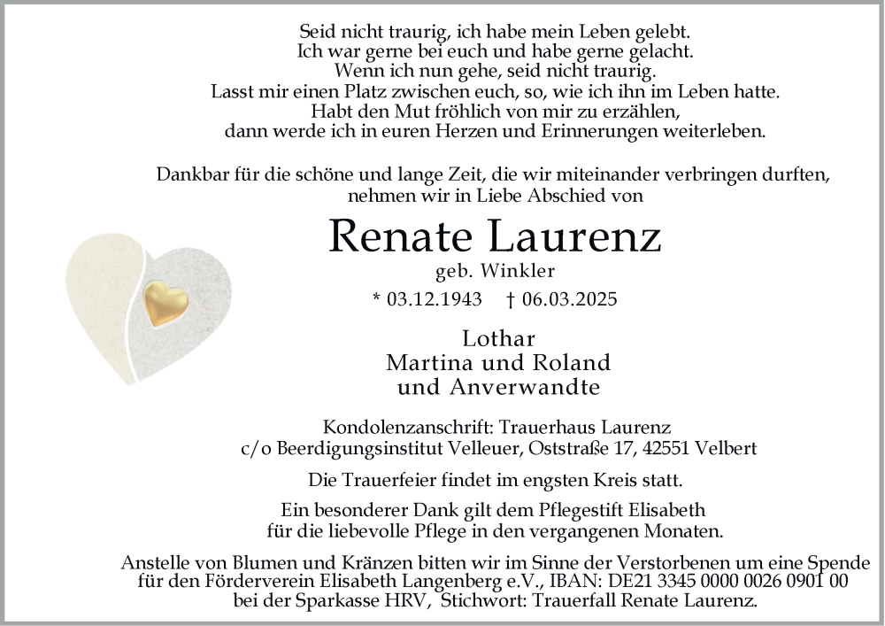  Traueranzeige für Renate Laurenz vom 15.03.2025 aus Tageszeitung
