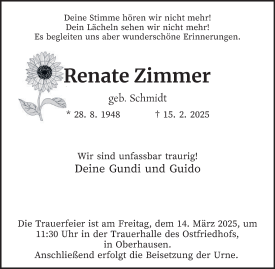 Traueranzeige von Renate Zimmer von Tageszeitung