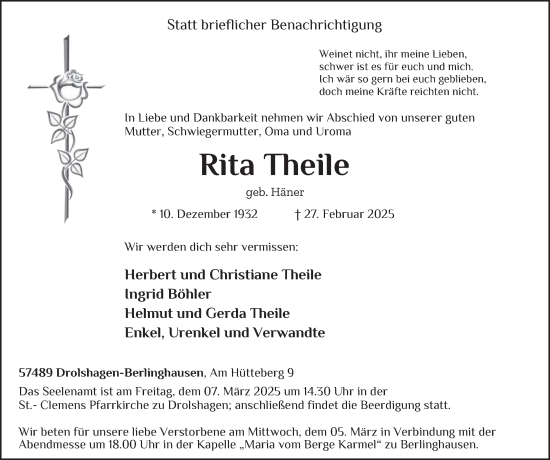 Traueranzeige von Rita Theile von Tageszeitung