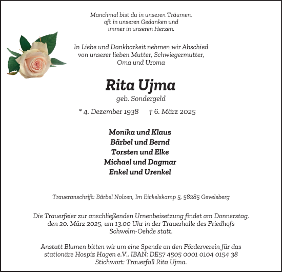 Traueranzeige von Rita Ujma von Tageszeitung