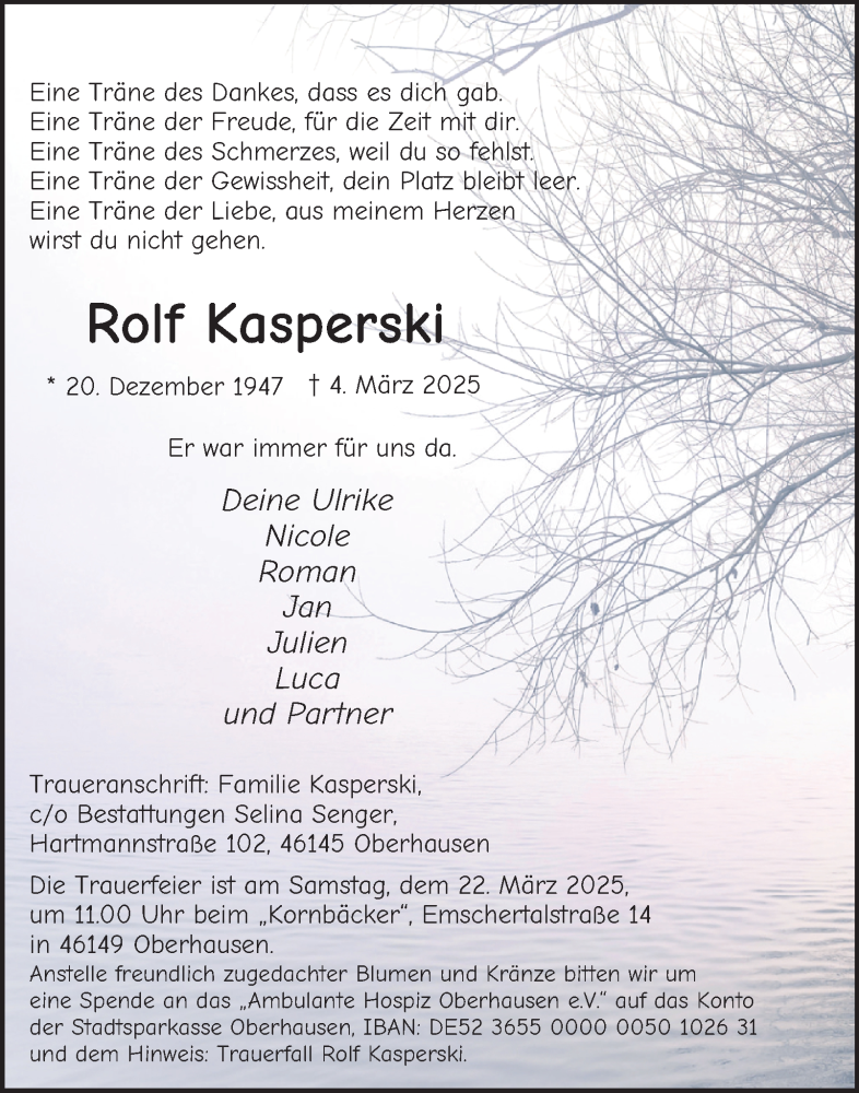  Traueranzeige für Rolf Kasperski vom 15.03.2025 aus Tageszeitung