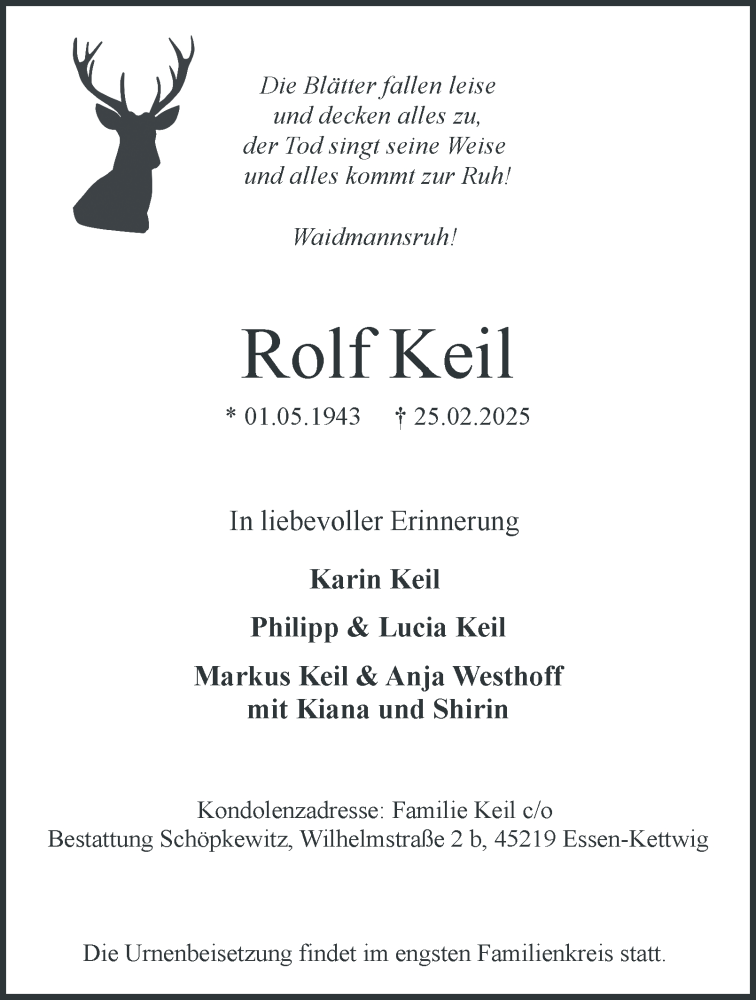  Traueranzeige für Rolf Keil vom 15.03.2025 aus Tageszeitung