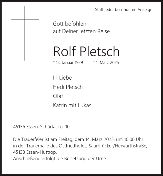 Traueranzeige von Rolf Pletsch von Tageszeitung