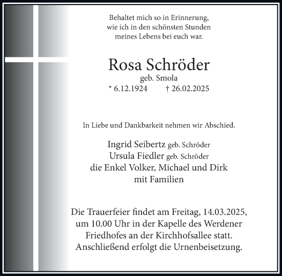 Traueranzeige von Rosa Schröder von Tageszeitung