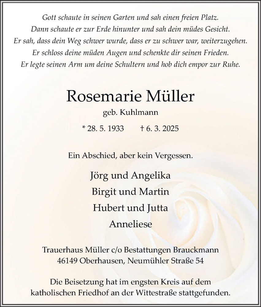  Traueranzeige für Rosemarie Müller vom 22.03.2025 aus Tageszeitung