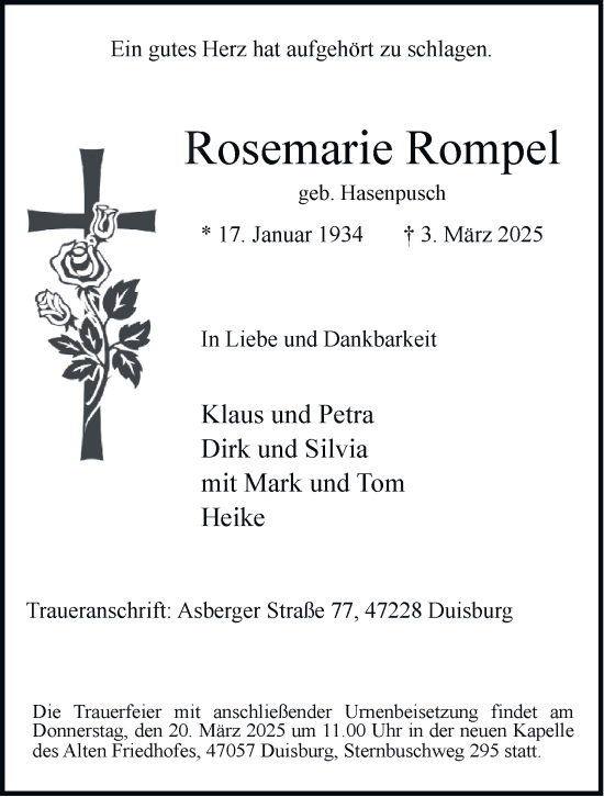 Traueranzeige von Rosemarie Rompel von Tageszeitung