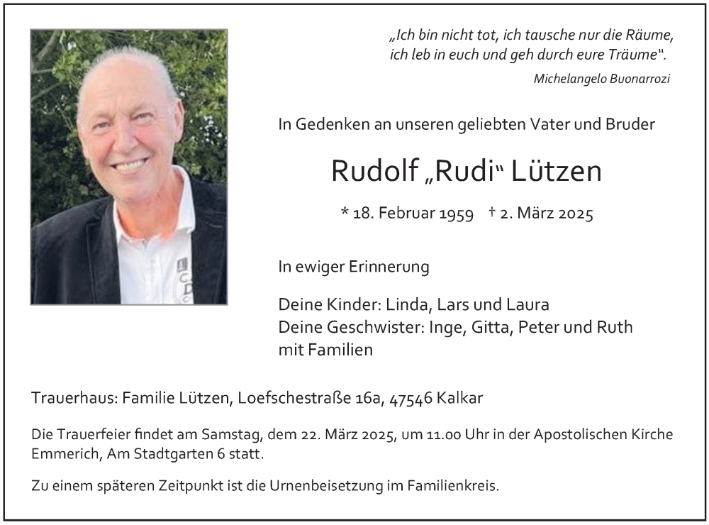  Traueranzeige für Rudi Lützen vom 15.03.2025 aus Tageszeitung