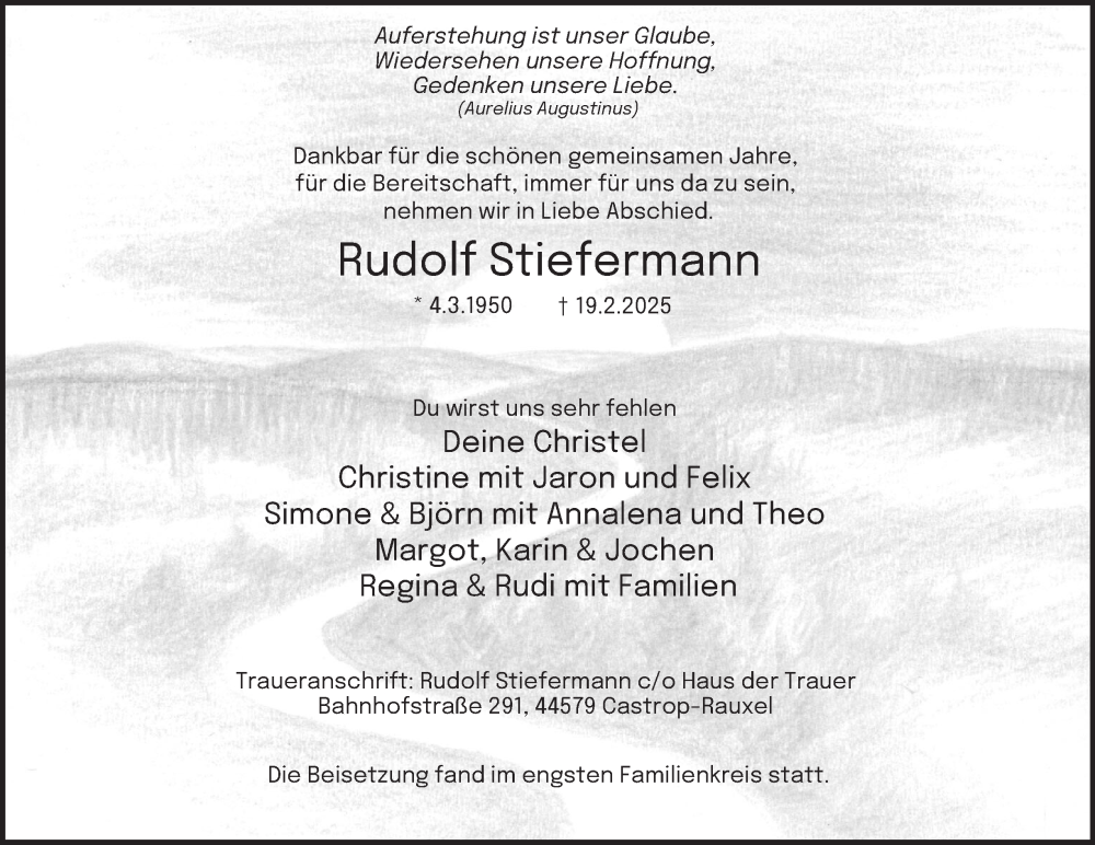  Traueranzeige für Rudolf Stiefermann vom 01.03.2025 aus Tageszeitung