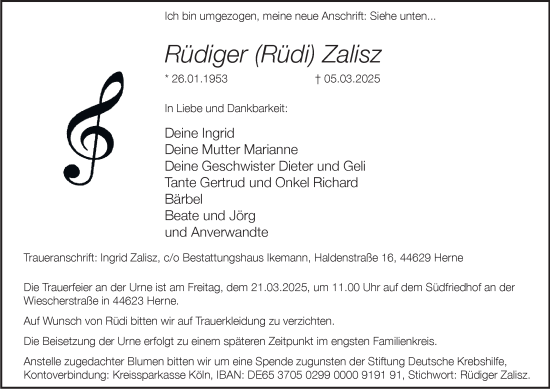 Traueranzeige von Rüdiger Zalisz von Tageszeitung