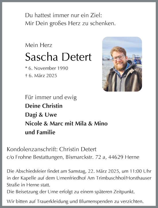 Traueranzeige von Sascha Detert von Tageszeitung
