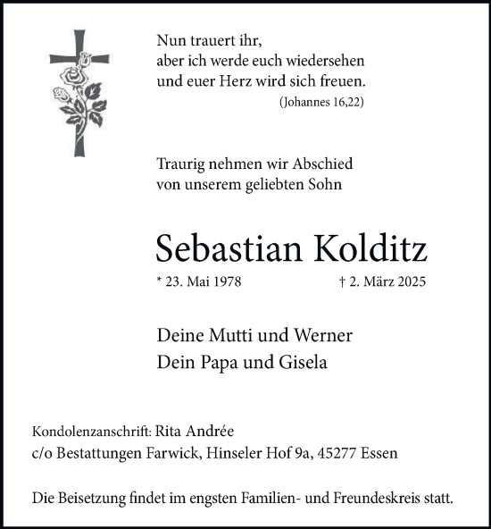 Traueranzeige von Sebastian Kolditz von Tageszeitung