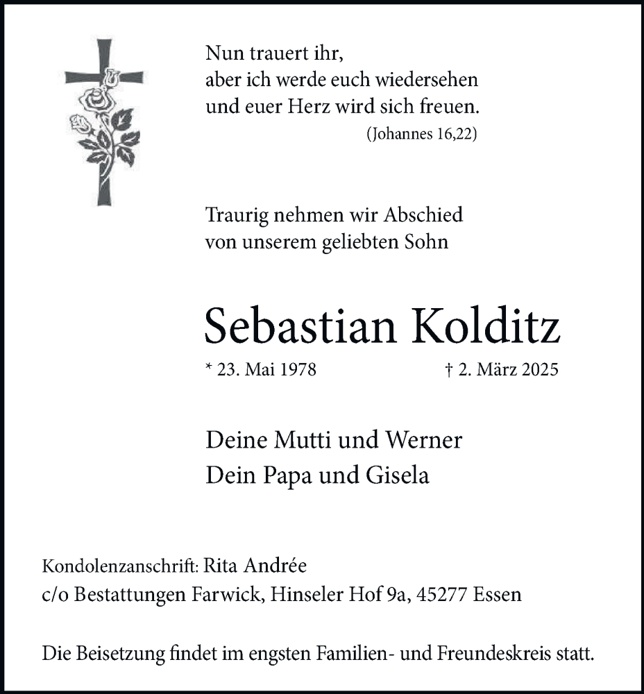 Traueranzeige für Sebastian Kolditz vom 15.03.2025 aus Tageszeitung