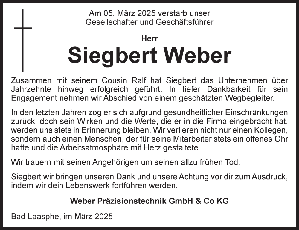 Traueranzeige für Siegbert Weber vom 08.03.2025 aus Tageszeitung