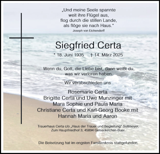 Traueranzeige von Siegfried Certa von Tageszeitung