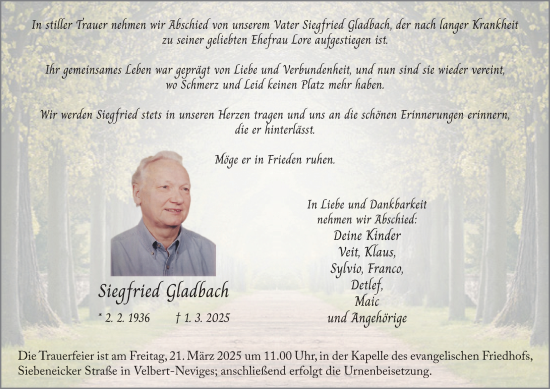 Traueranzeige von Siegfried Gladbach von Tageszeitung