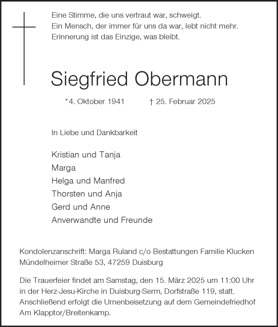 Traueranzeige von Siegfried Obermann von Tageszeitung