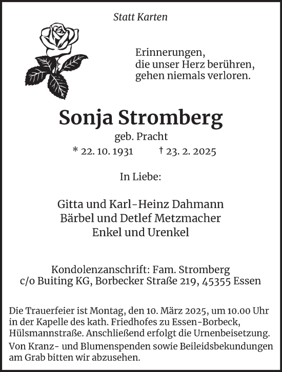 Traueranzeige von Sonja Stromberg von Tageszeitung