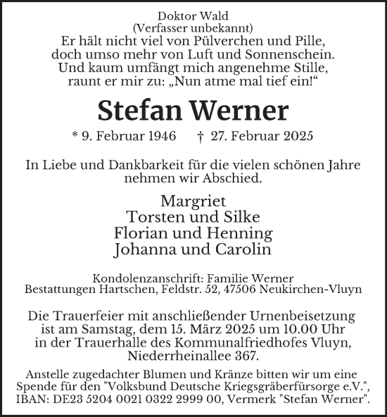Traueranzeige von Stefan Werner von Tageszeitung