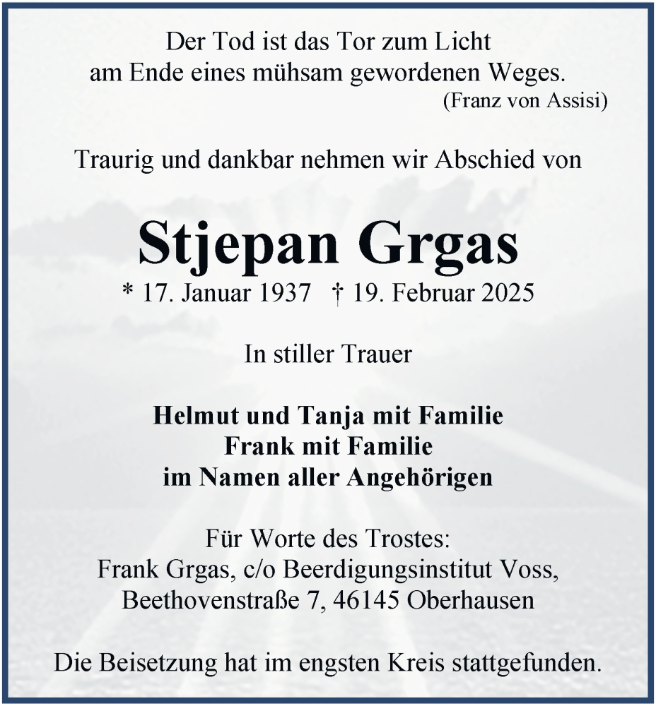  Traueranzeige für Stjepan Grgas vom 08.03.2025 aus Tageszeitung