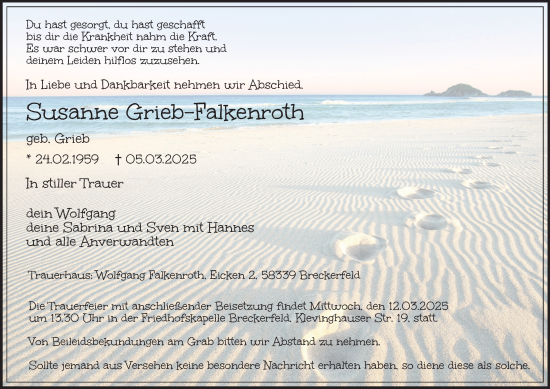 Traueranzeige von Susanne Grieb-Falkenroth von Tageszeitung