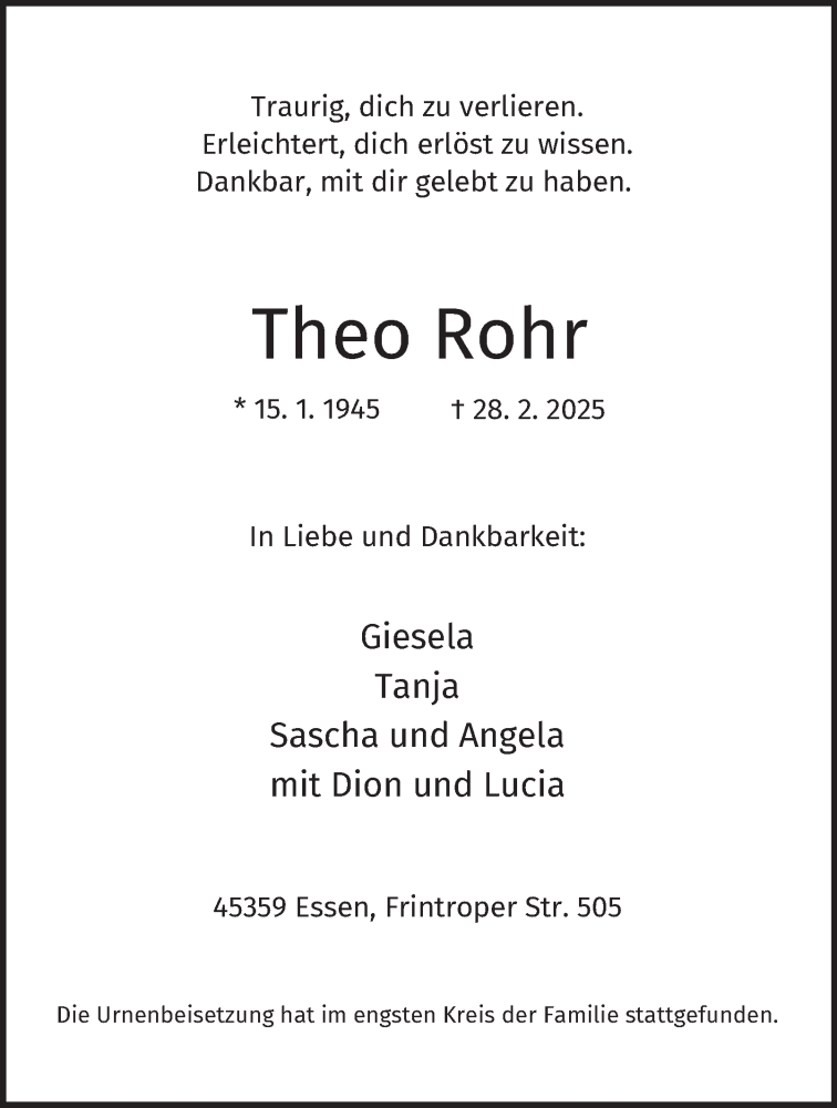  Traueranzeige für Theo Rohr vom 15.03.2025 aus Tageszeitung