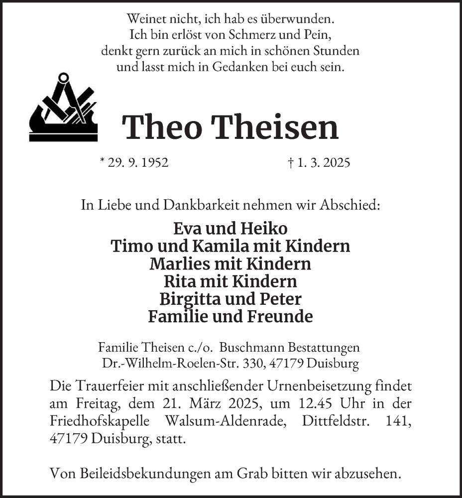  Traueranzeige für Theo Theisen vom 15.03.2025 aus Tageszeitung