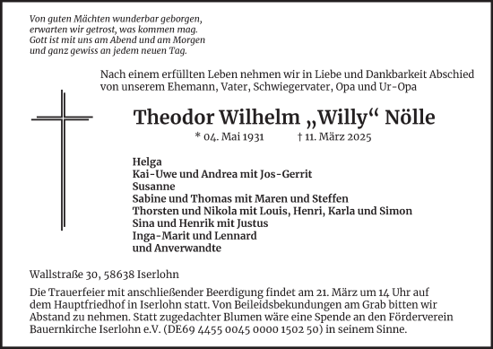 Traueranzeige von Theodor Wilhelm Nölle von Tageszeitung