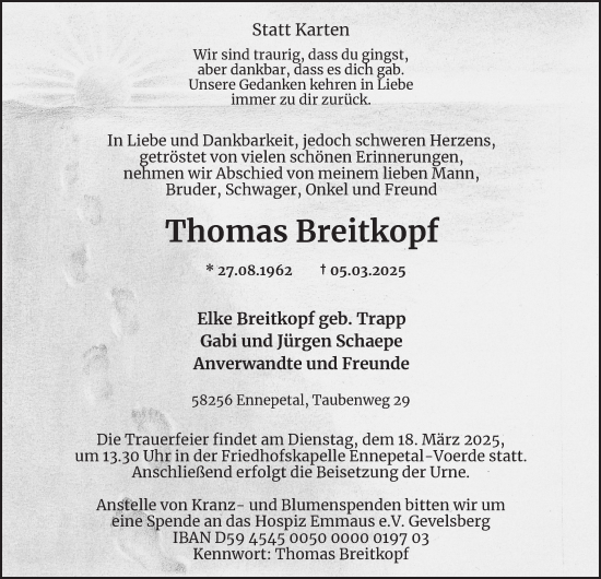Traueranzeige von Thomas Breitkopf von Tageszeitung