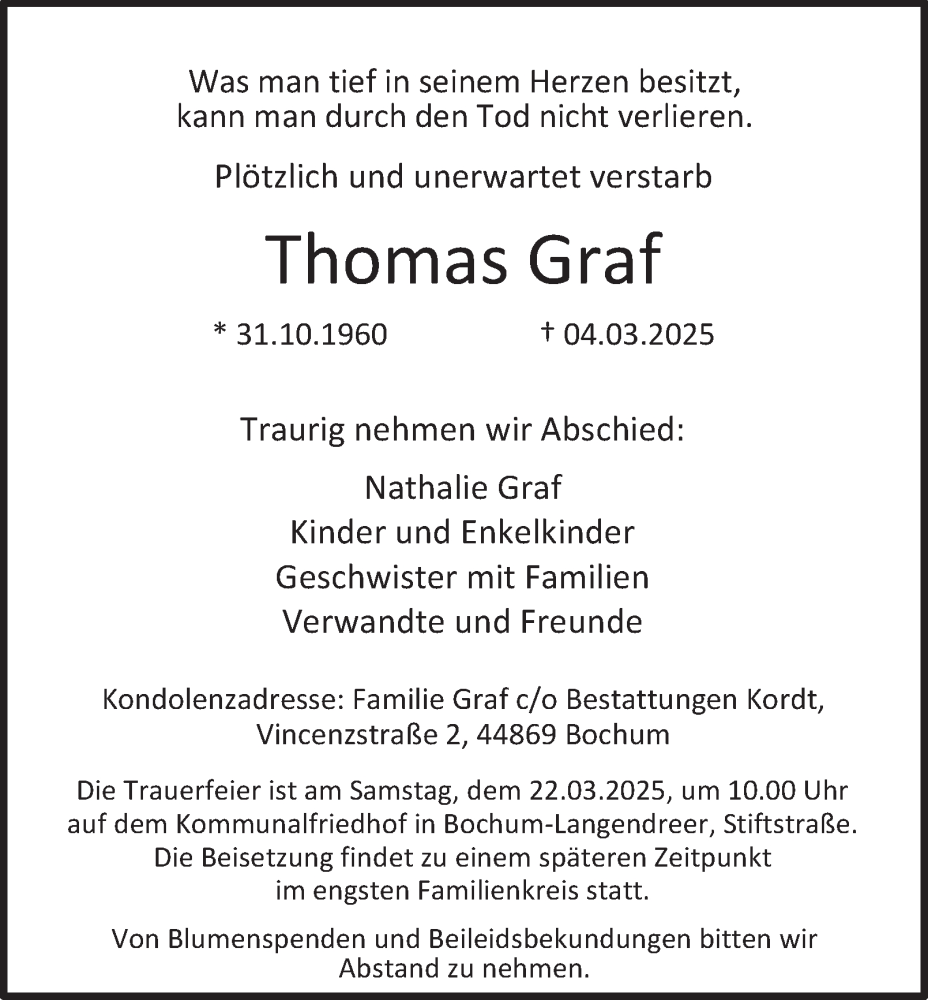  Traueranzeige für Thomas Graf vom 15.03.2025 aus Tageszeitung