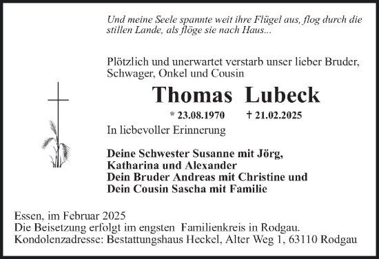 Traueranzeige von Thomas Lubeck von Tageszeitung