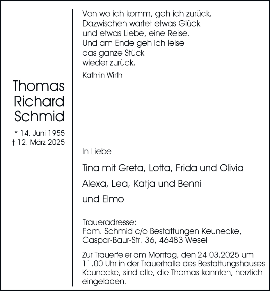  Traueranzeige für Thomas Schmid vom 22.03.2025 aus Tageszeitung