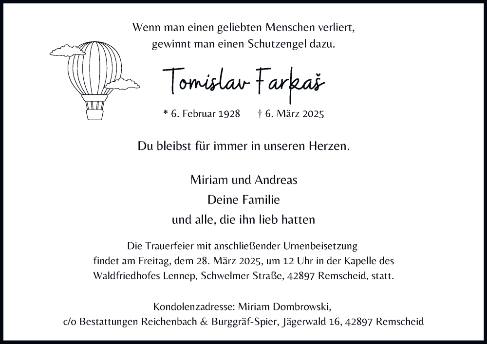  Traueranzeige für Tomislav Farkaš vom 15.03.2025 aus Tageszeitung