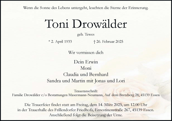 Traueranzeige von Toni Drowälder von Tageszeitung
