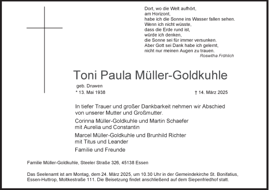 Traueranzeige von Toni Paula Müller-Goldkuhle von Tageszeitung