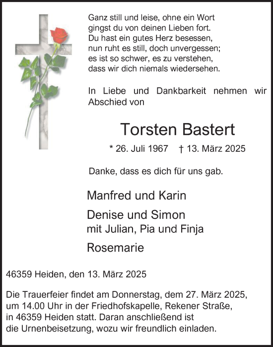 Traueranzeige von Torsten Bastert von Tageszeitung