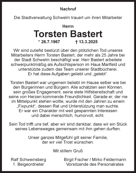 Traueranzeige von Torsten Bastert von Tageszeitung