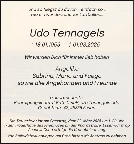 Traueranzeige von Udo Tennagels von Tageszeitung