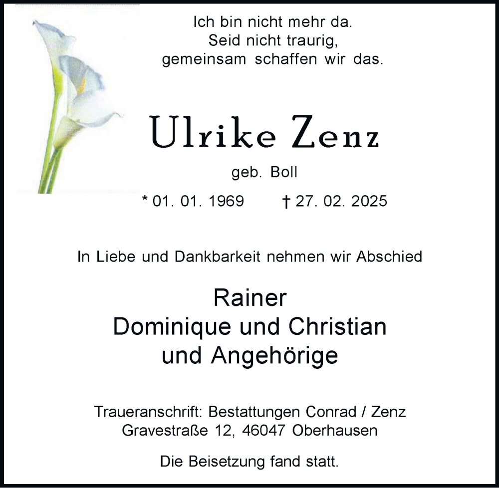  Traueranzeige für Ulrike Zenz vom 15.03.2025 aus Tageszeitung