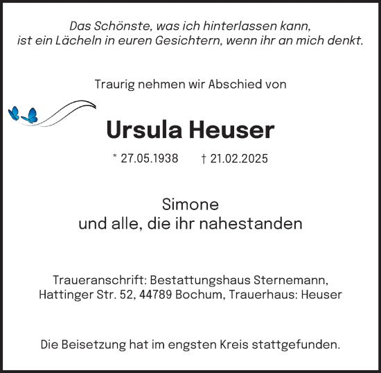 Traueranzeige von Ursula Heuser von Tageszeitung