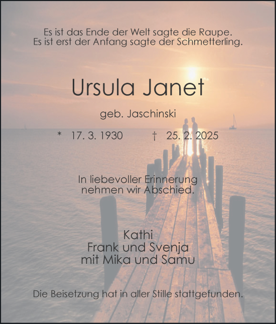 Traueranzeige von Ursula Janet von Tageszeitung