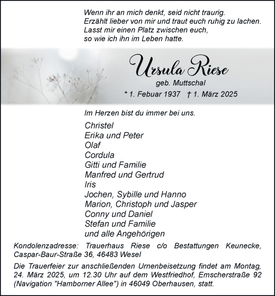 Traueranzeige von Ursula Riese von Tageszeitung