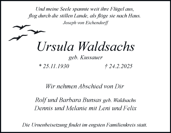 Traueranzeige von Ursula Waldsachs von Tageszeitung